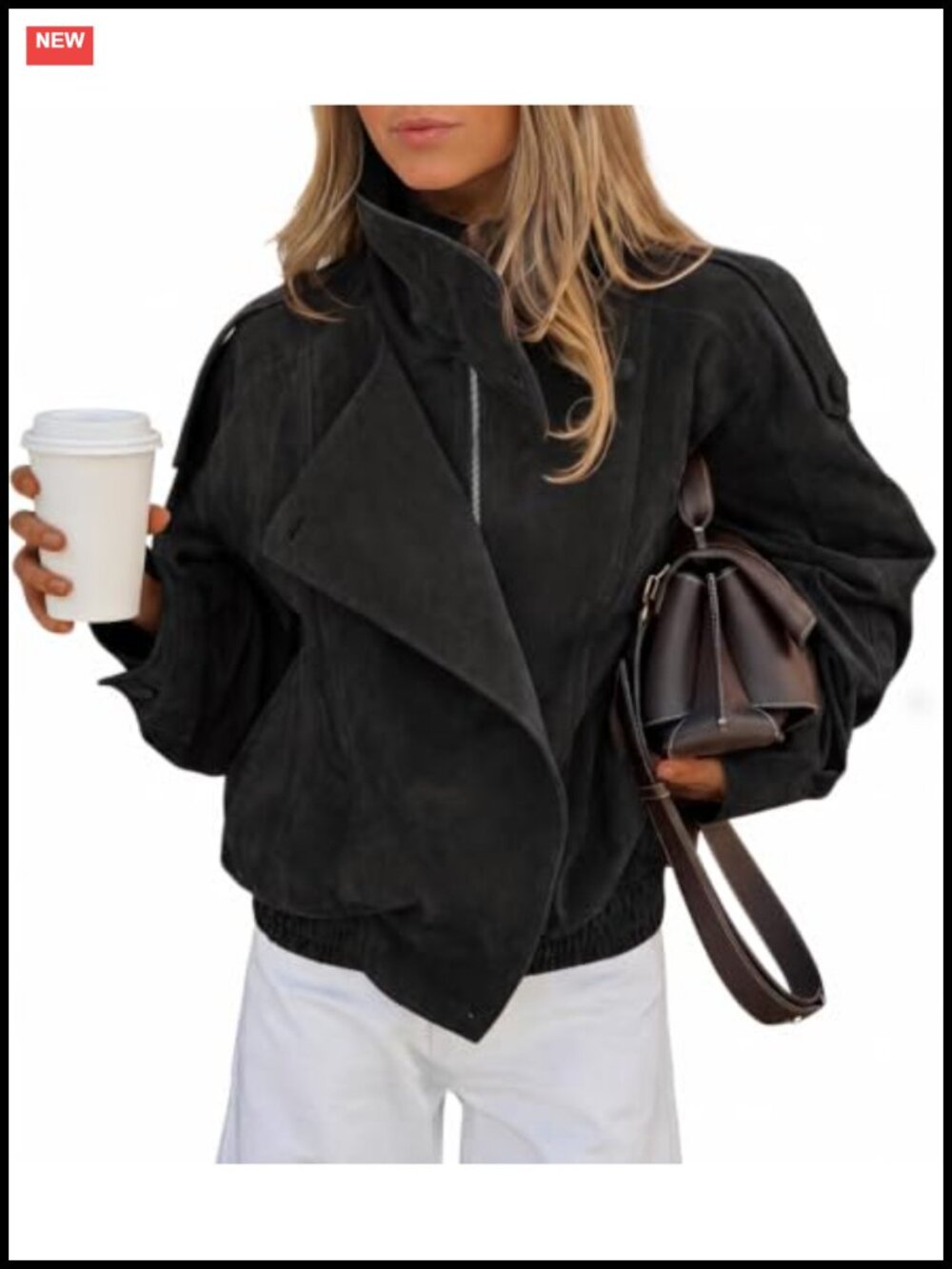 Oversized Faux Suede Jacket Stand Collar Zip Moto Casual Coat